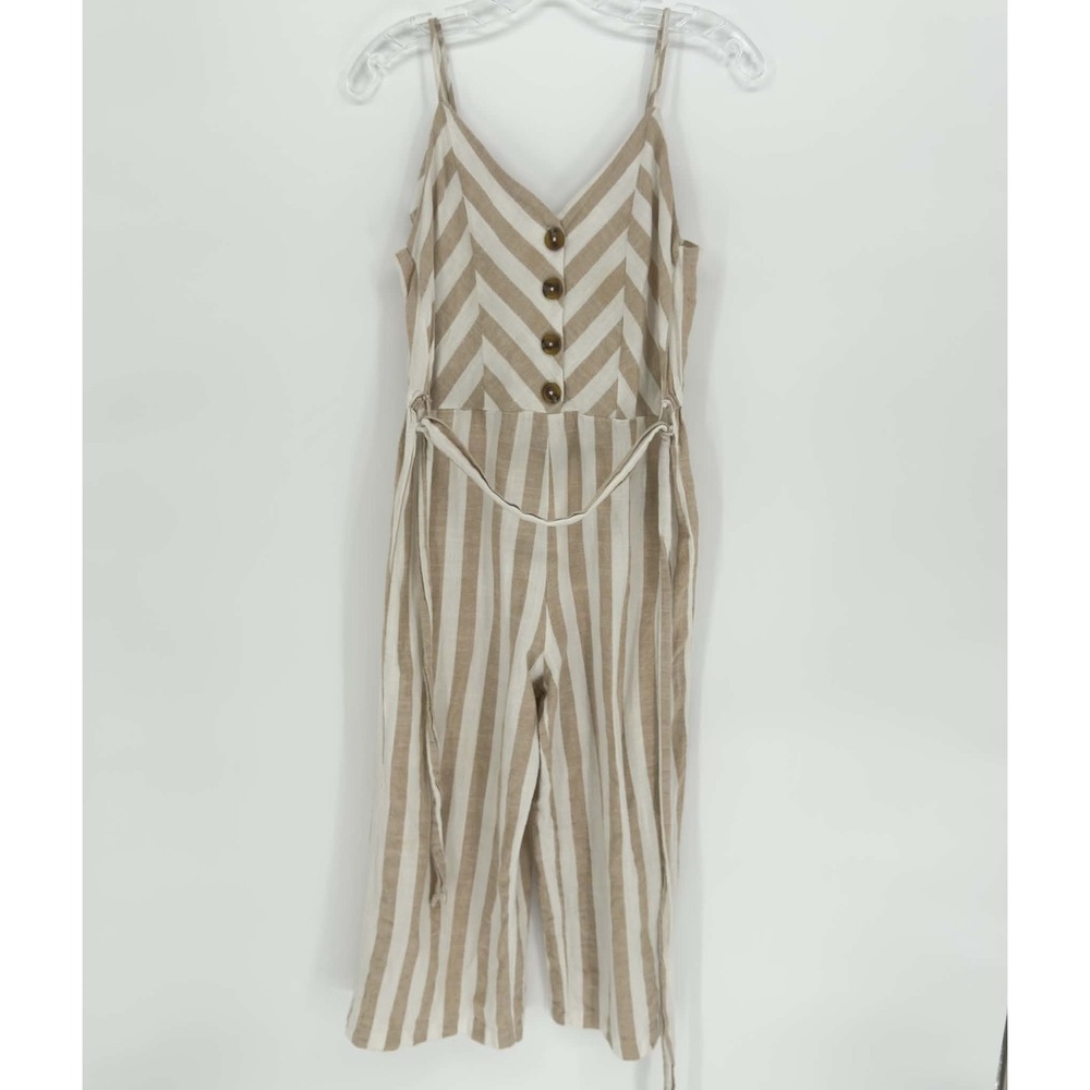 Kensie Jeans‎ Women's Tan Striped Linen Blend Sleeveless Jumpsuit Size M